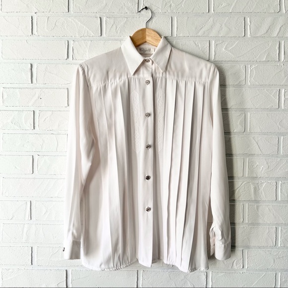 Vintage white button up embroidered long sleeve blouse shoulder pads S - Picture 4 of 16